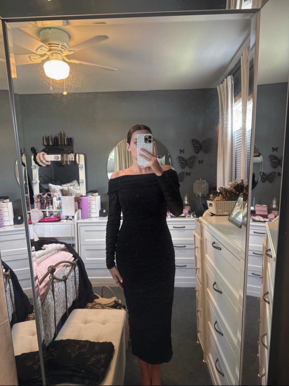 PrettyGarden Off-Shoulder Black Midi Dress